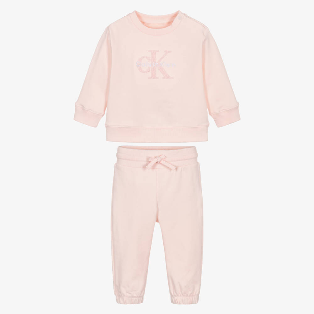 Calvin Klein-Girls Pink Cotton Tracksuit with Bouclé Logo | Childrensalon