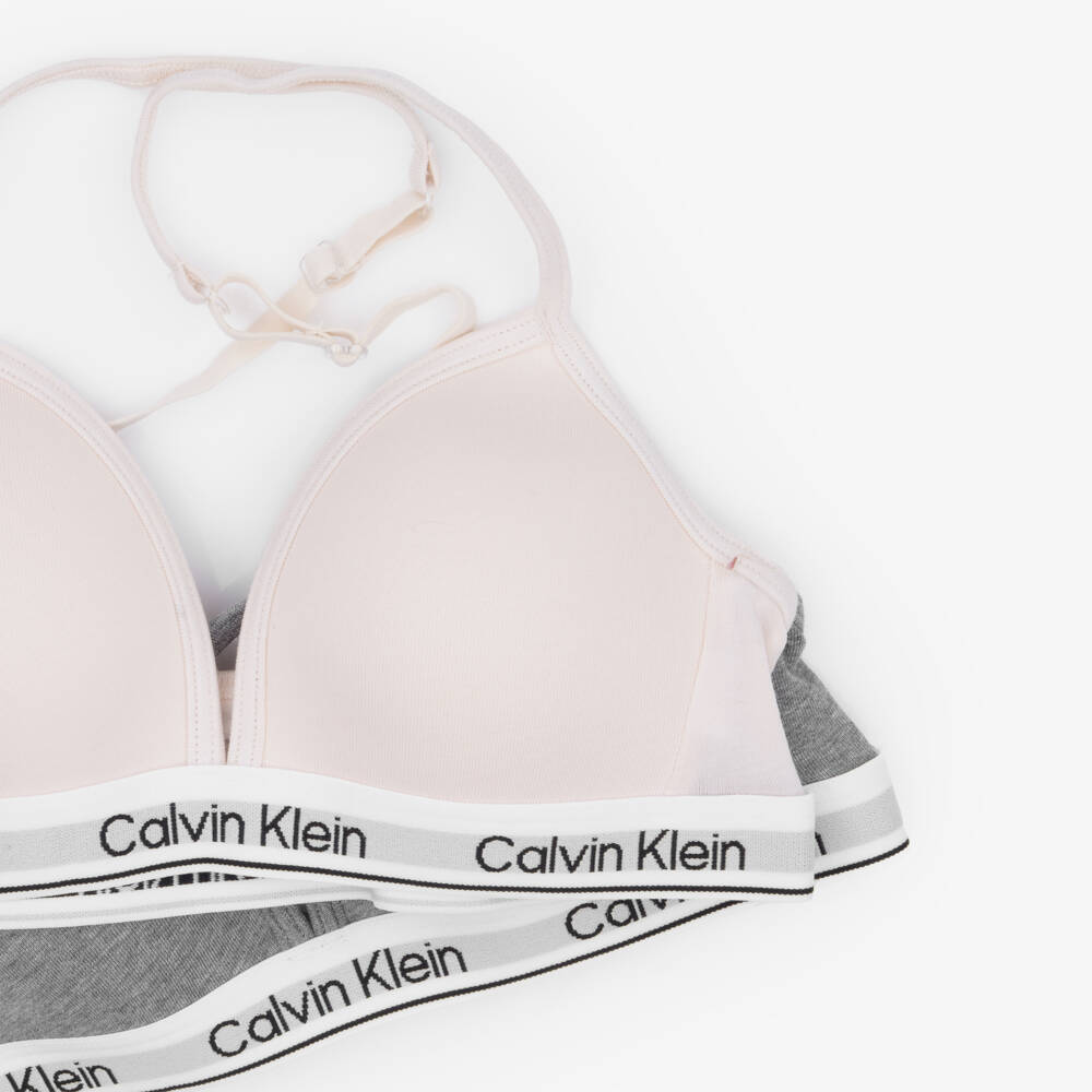 Calvin Klein-Girls Pink & Grey Lightly Padded Cotton Bras (2 Pack) | Childrensalon