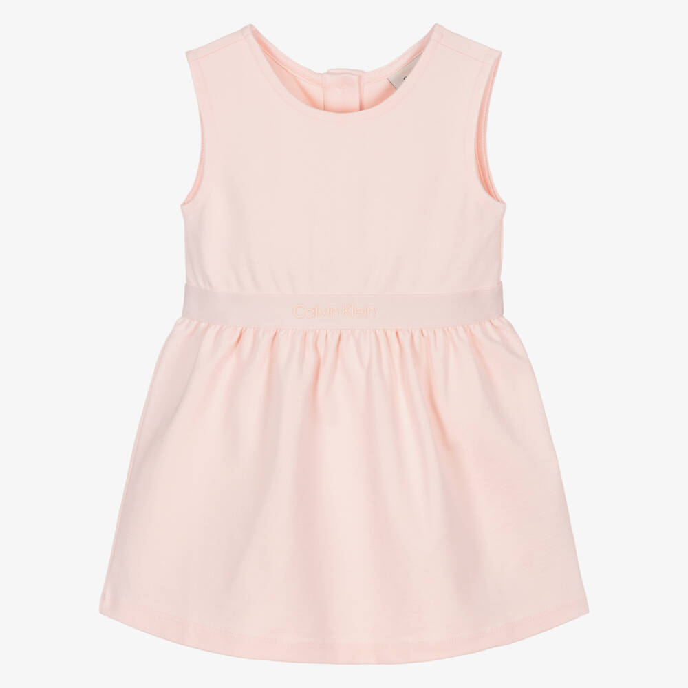 Calvin Klein-Girls Pink Milano Jersey Dress with Logo Waistband | Childrensalon