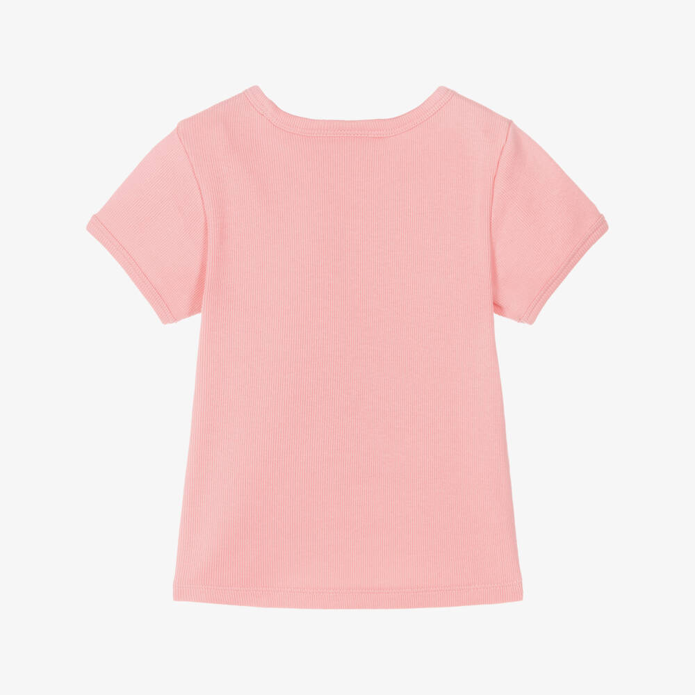 Calvin Klein-Girls Pink Ribbed Cotton T-Shirt with Monogram Logo | Childrensalon