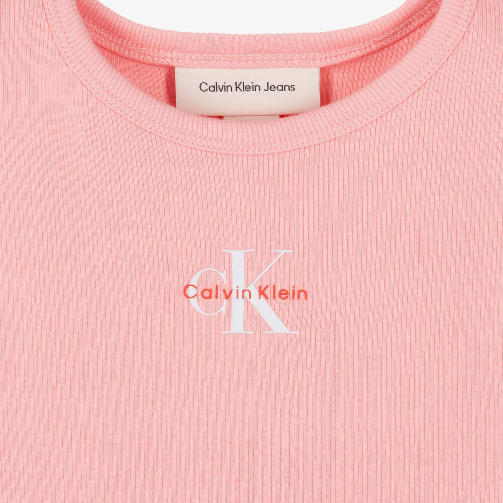 Calvin Klein-Girls Pink Ribbed Cotton T-Shirt with Monogram Logo | Childrensalon