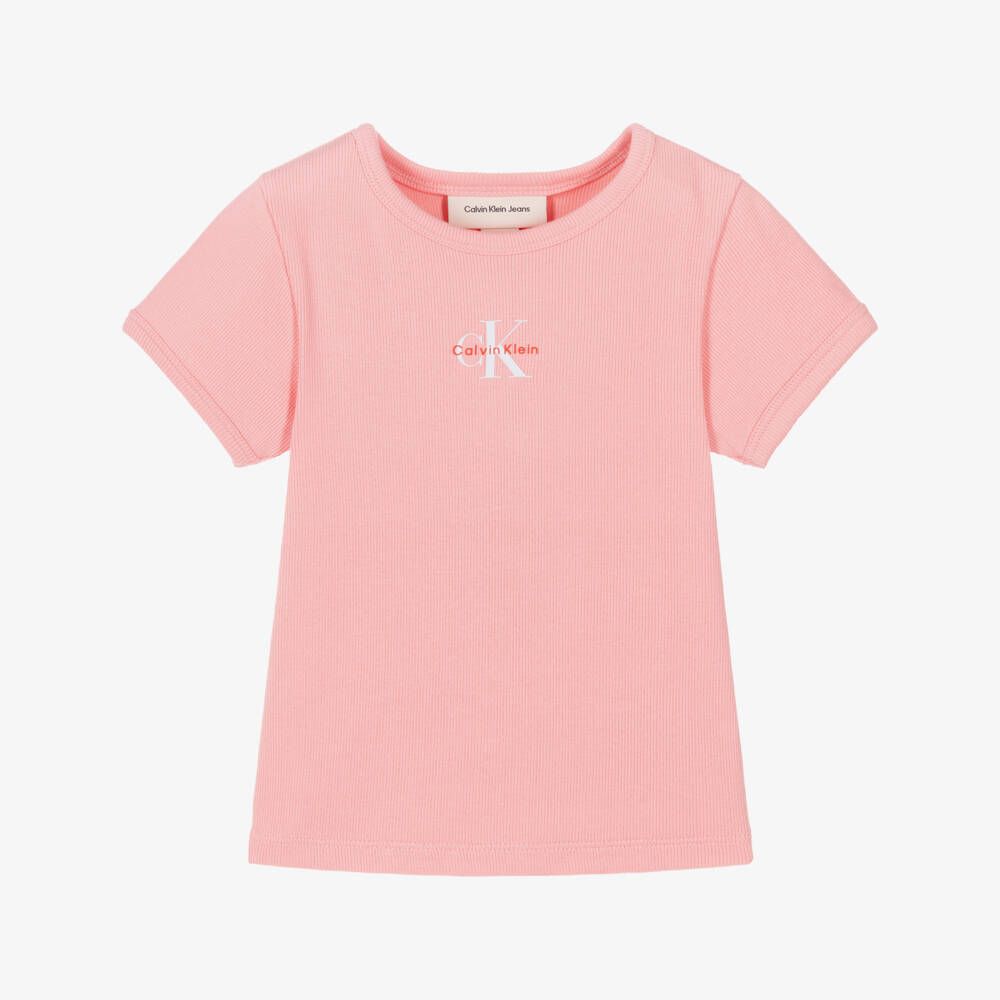 Calvin Klein-Girls Pink Ribbed Cotton T-Shirt with Monogram Logo | Childrensalon