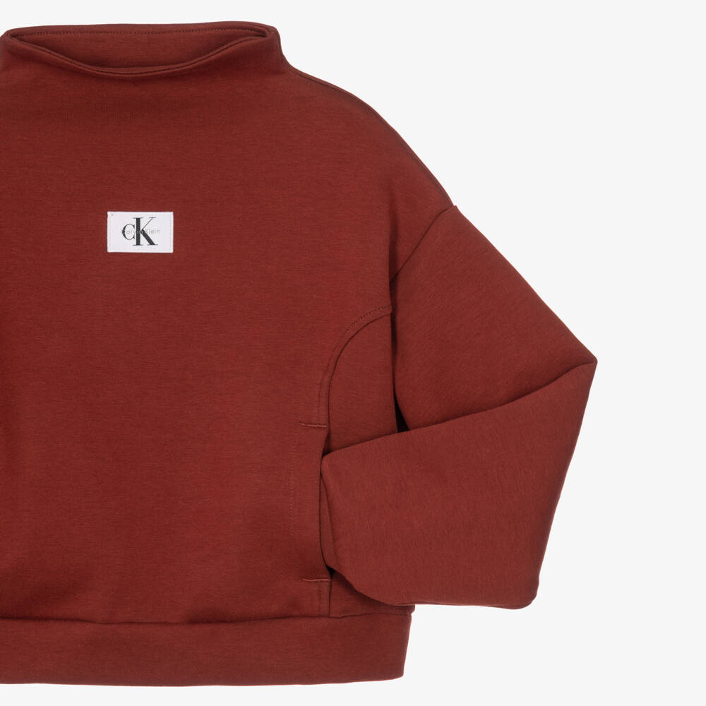 Calvin Klein-Girls Terracotta Brown Mock Neck Sweatshirt | Childrensalon
