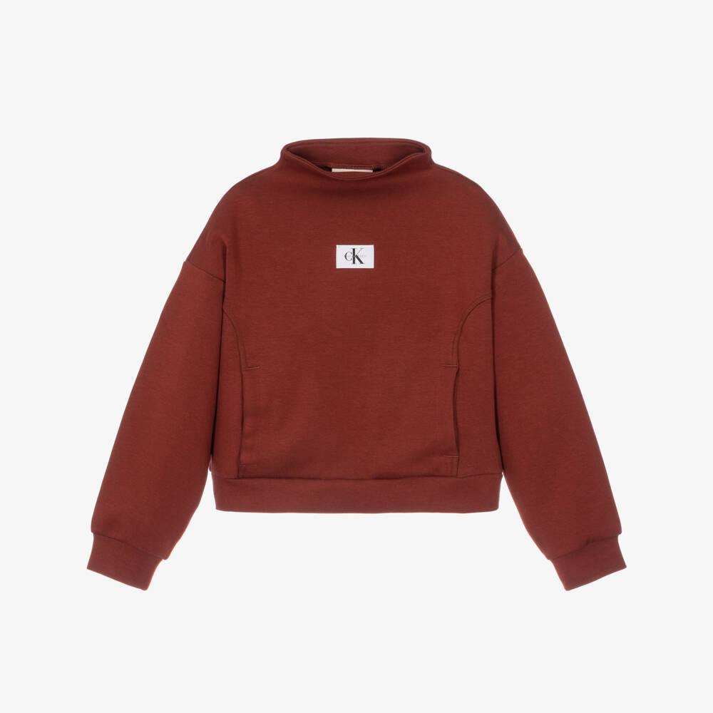 Calvin Klein-Girls Terracotta Brown Mock Neck Sweatshirt | Childrensalon