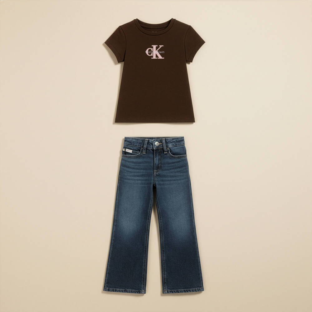 Calvin Klein-Girls Washed Blue Denim Wide Leg Jeans | Childrensalon