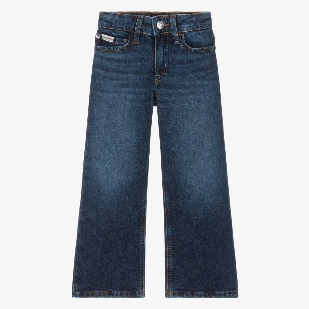 Calvin Klein-Girls Washed Blue Denim Wide Leg Jeans | Childrensalon