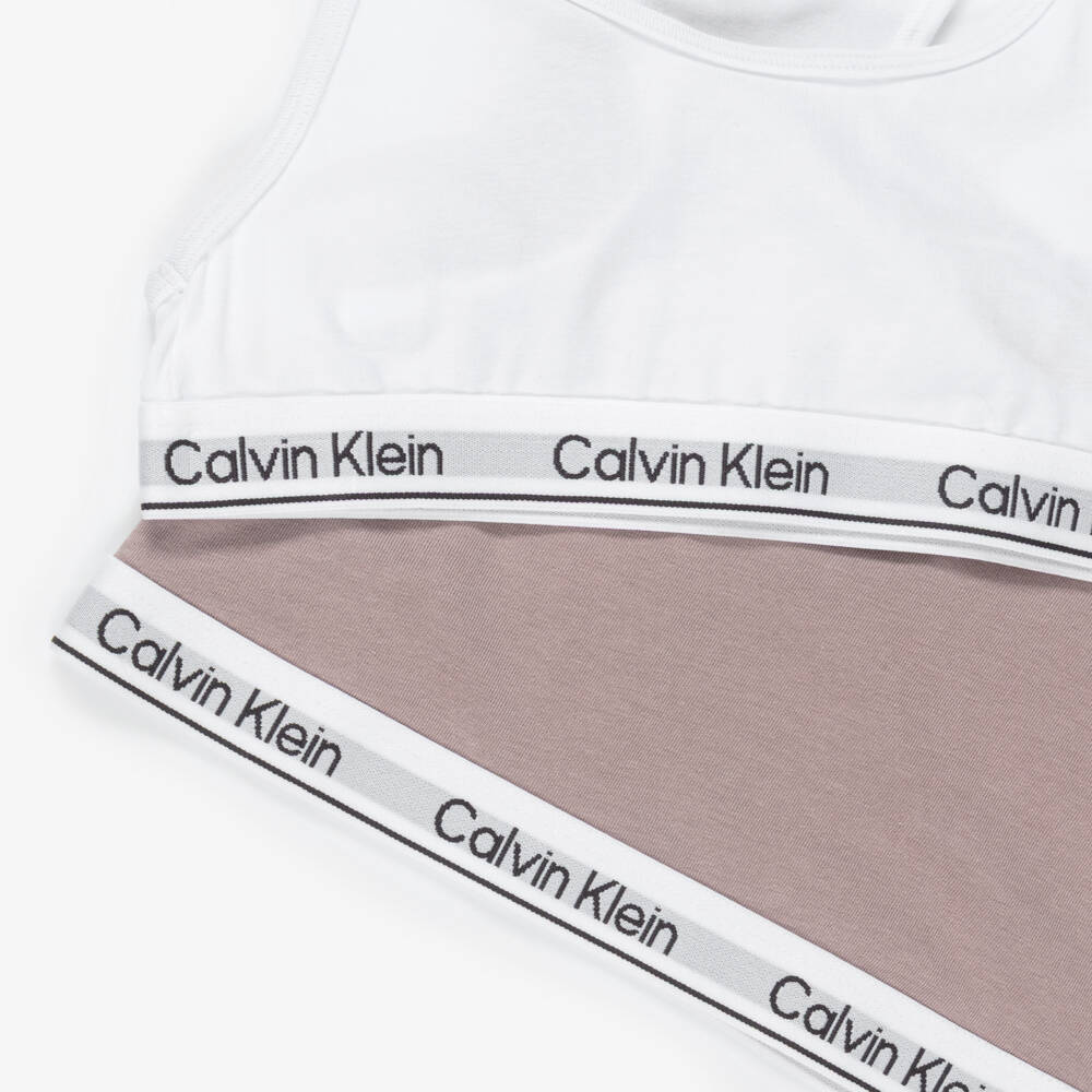 Calvin Klein-Girls White & Beige Cotton Cropped Tops (3 Pack) | Childrensalon