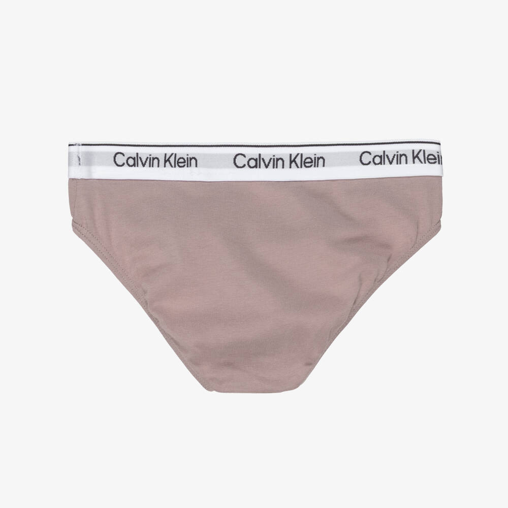 Calvin Klein-Girls White & Beige Cotton Knickers (2 Pack) | Childrensalon