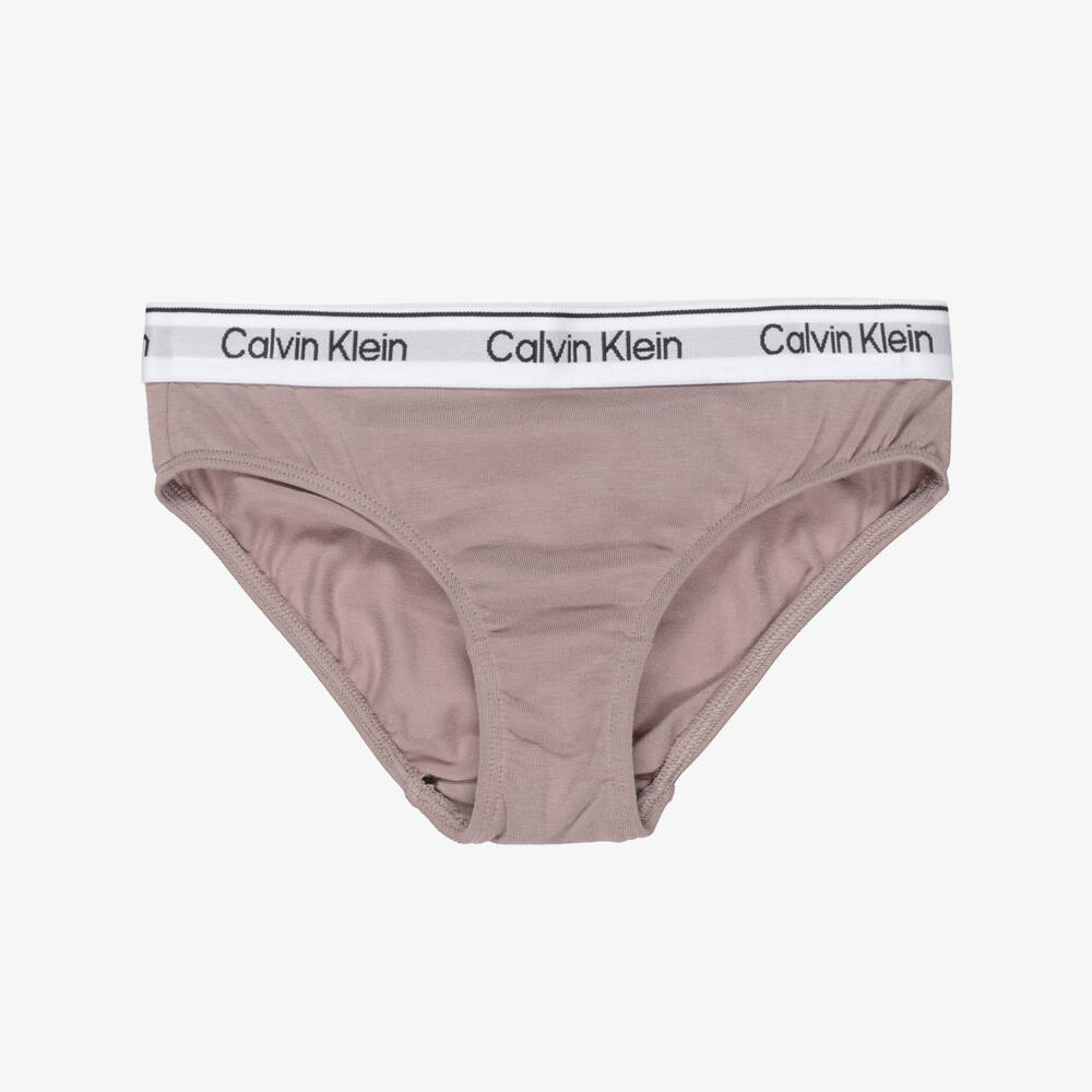Calvin Klein-Girls White & Beige Cotton Knickers (2 Pack) | Childrensalon