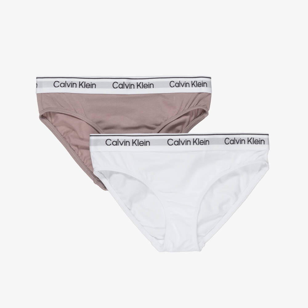 Calvin Klein-Girls White & Beige Cotton Knickers (2 Pack) | Childrensalon