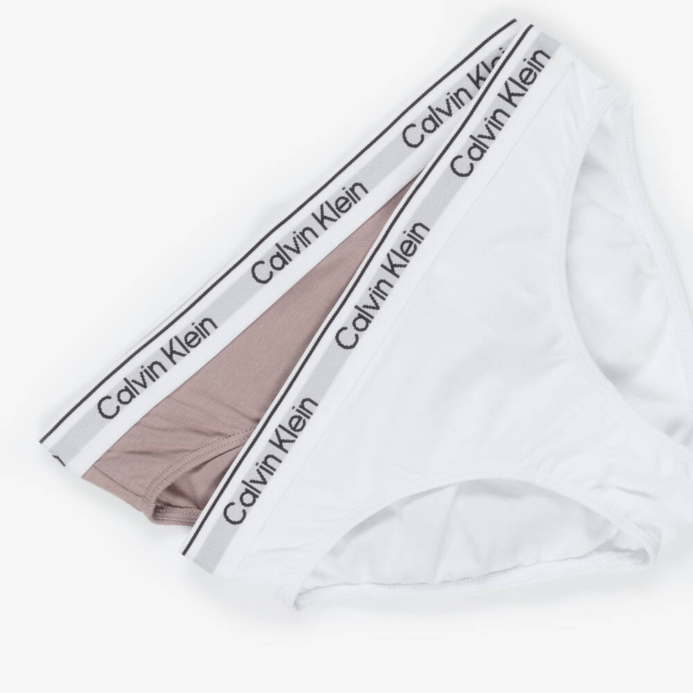 Calvin Klein-Girls White & Beige Cotton Knickers (2 Pack) | Childrensalon