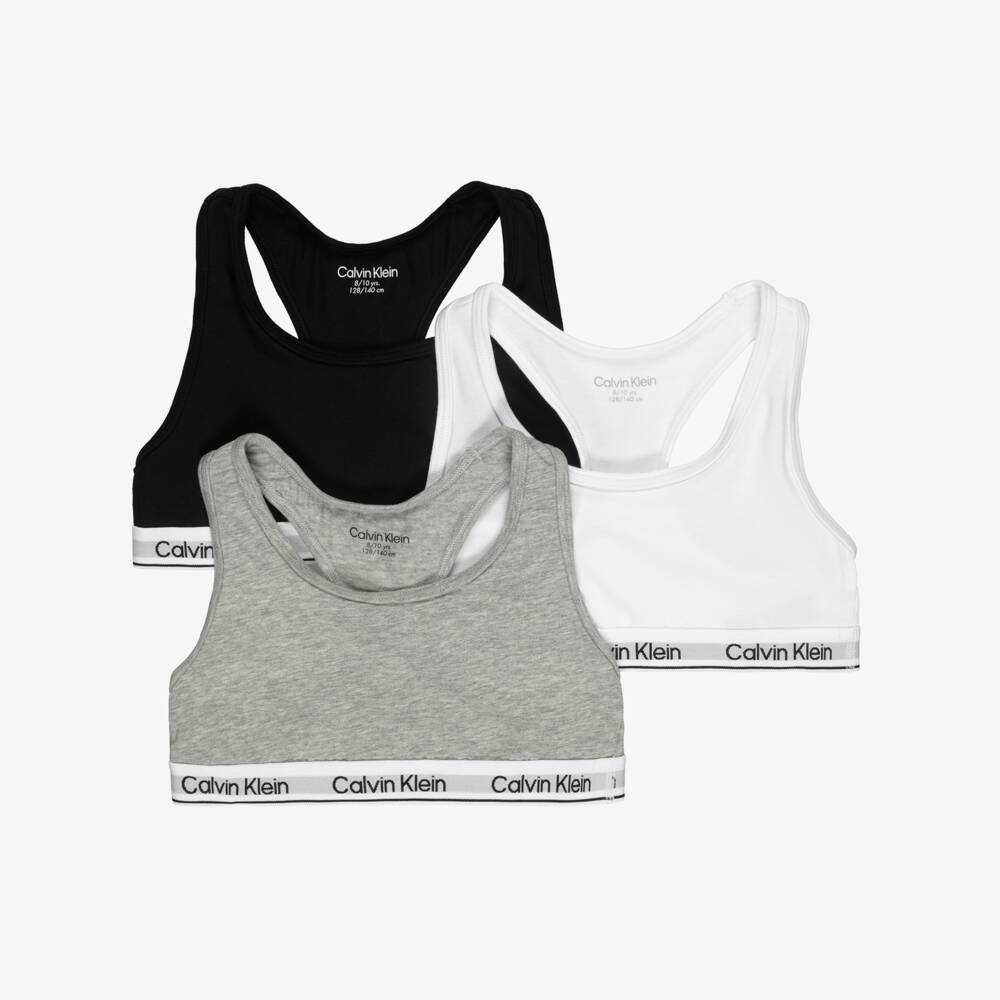 Calvin Klein-Girls White & Black Logo Cropped Tops (3 Pack) | Childrensalon