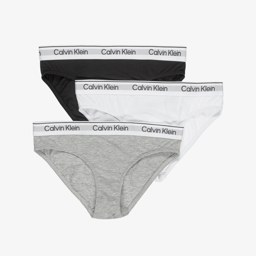 Calvin Klein-Girls White & Black Logo Knickers (3 Pack) | Childrensalon
