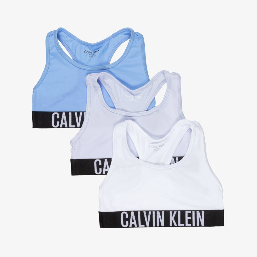 Calvin Klein-Girls White & Blue Cotton Cropped Tops (3 Pack) | Childrensalon