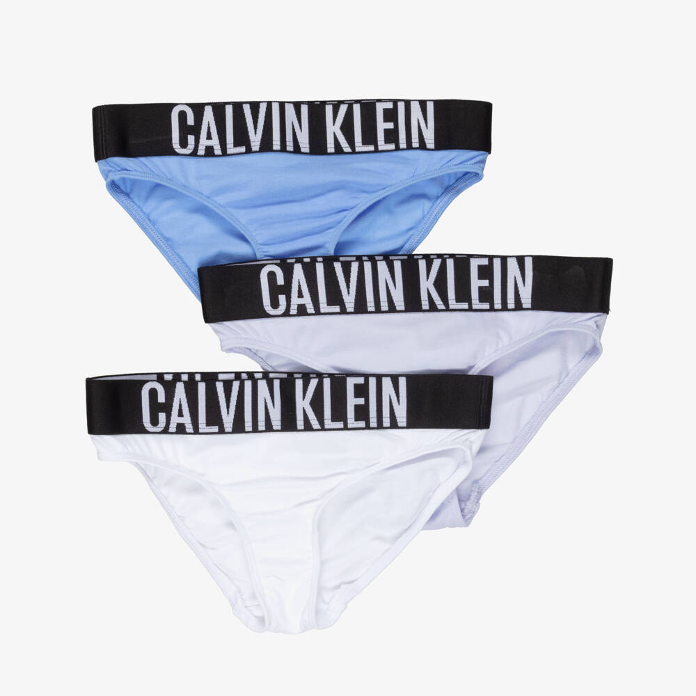 Calvin Klein-Girls White & Blue Cotton Knickers (3 Pack) | Childrensalon