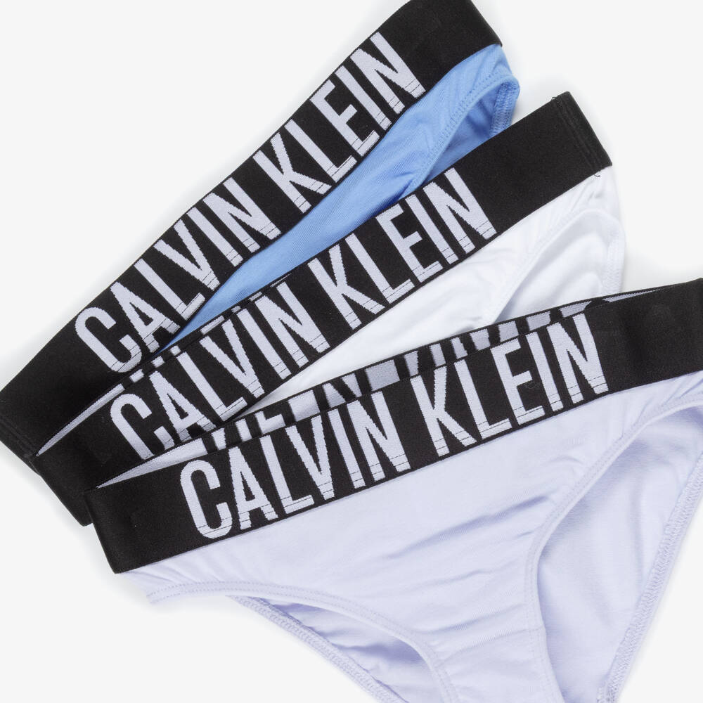 Calvin Klein-Girls White & Blue Cotton Knickers (3 Pack) | Childrensalon