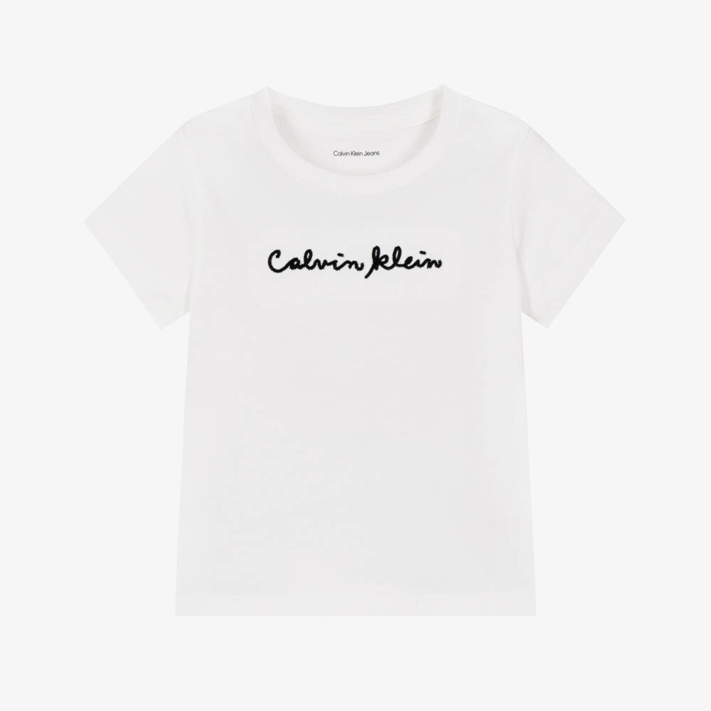 Calvin Klein-Girls White Cotton Slim Fit T-Shirt with Embroidered Logo | Childrensalon