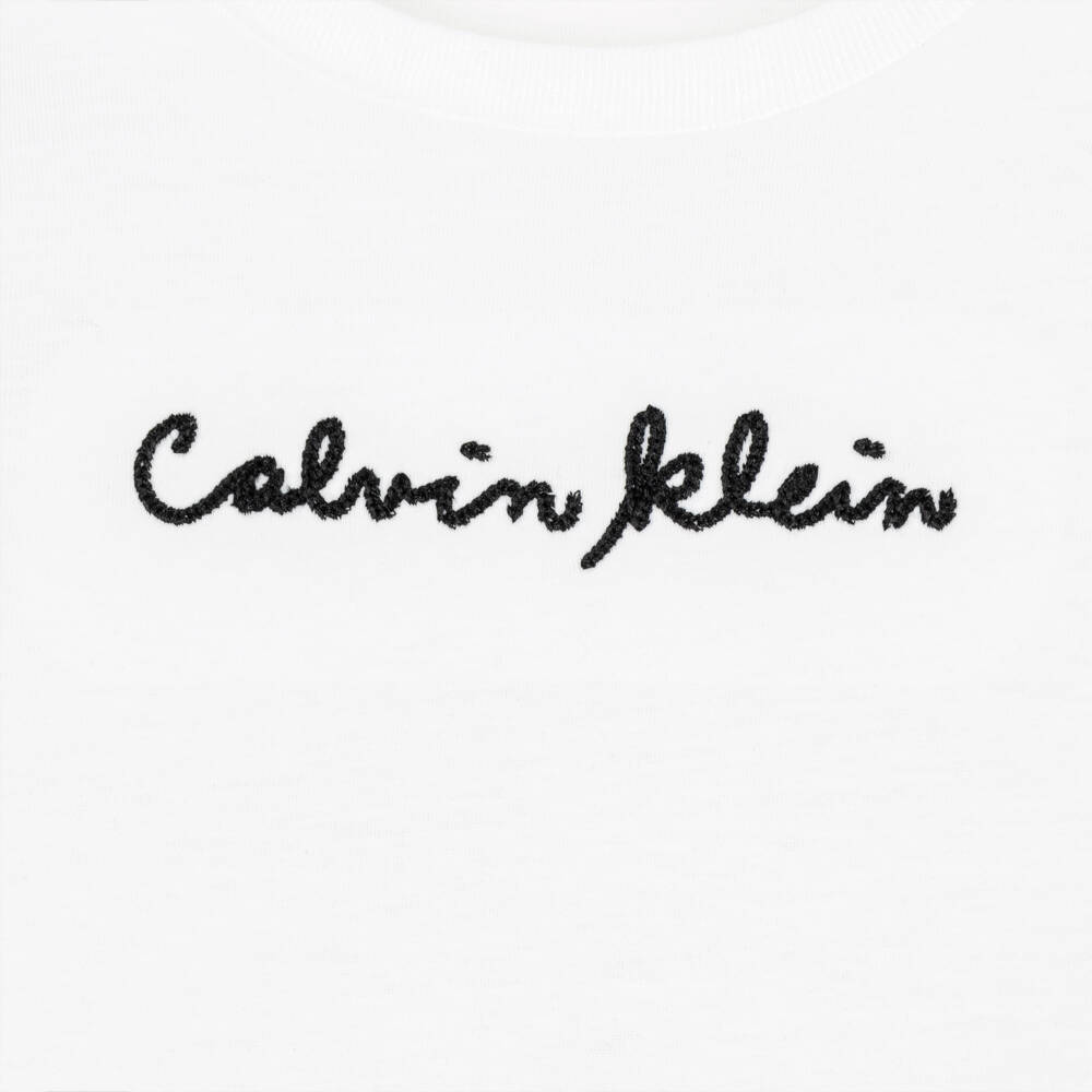 Calvin Klein-Girls White Cotton Slim Fit T-Shirt with Embroidered Logo | Childrensalon