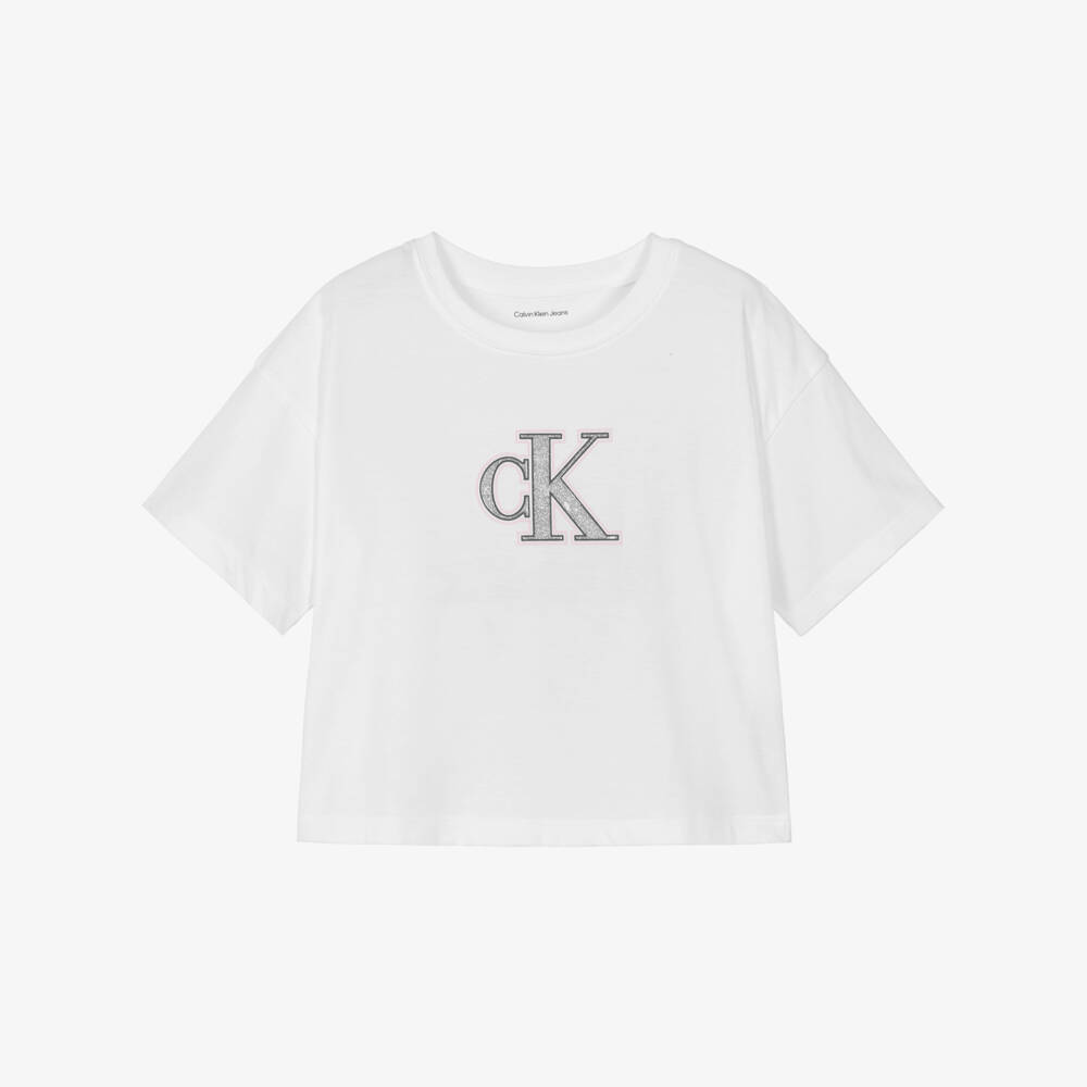 Calvin Klein-Girls White Cotton T-Shirt with Glittery CK Monogram | Childrensalon