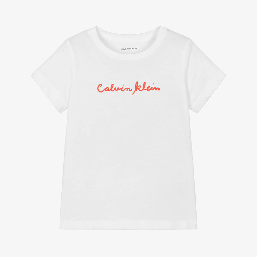 Calvin Klein-Girls White Cotton T-Shirt with Script Logo | Childrensalon