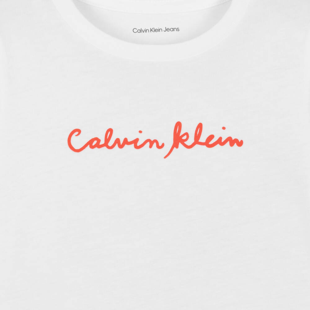 Calvin Klein-Girls White Cotton T-Shirt with Script Logo | Childrensalon