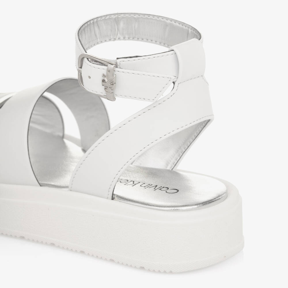 Calvin Klein-Girls White Faux Leather Sandals with Silver Trims | Childrensalon