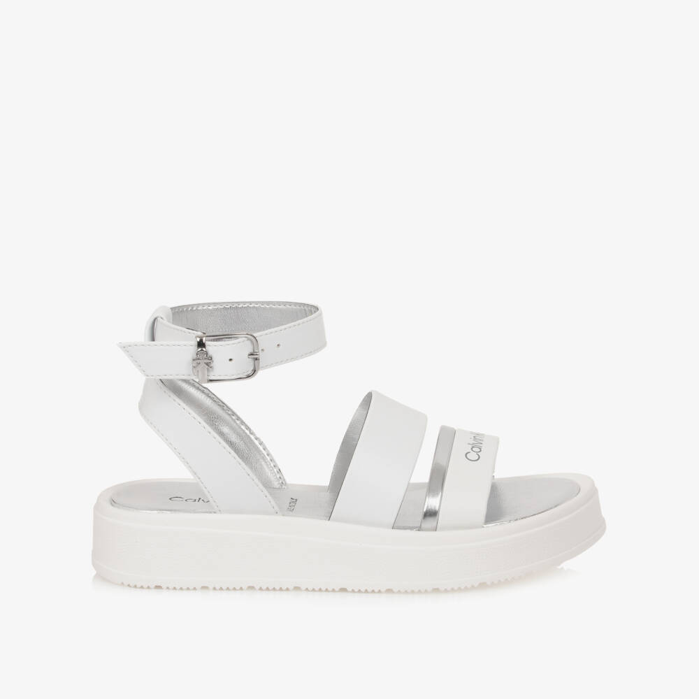 Calvin Klein-Girls White Faux Leather Sandals with Silver Trims | Childrensalon