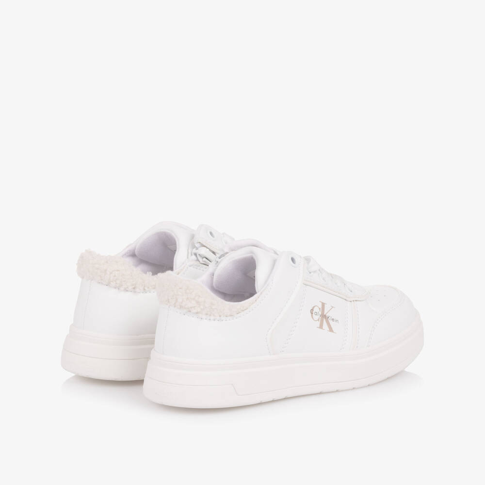 Calvin Klein-Girls White Faux Leather Trainers with Fleece Trim | Childrensalon