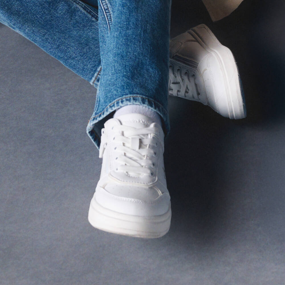 Calvin Klein-Girls White Faux Leather Trainers with Fleece Trim | Childrensalon