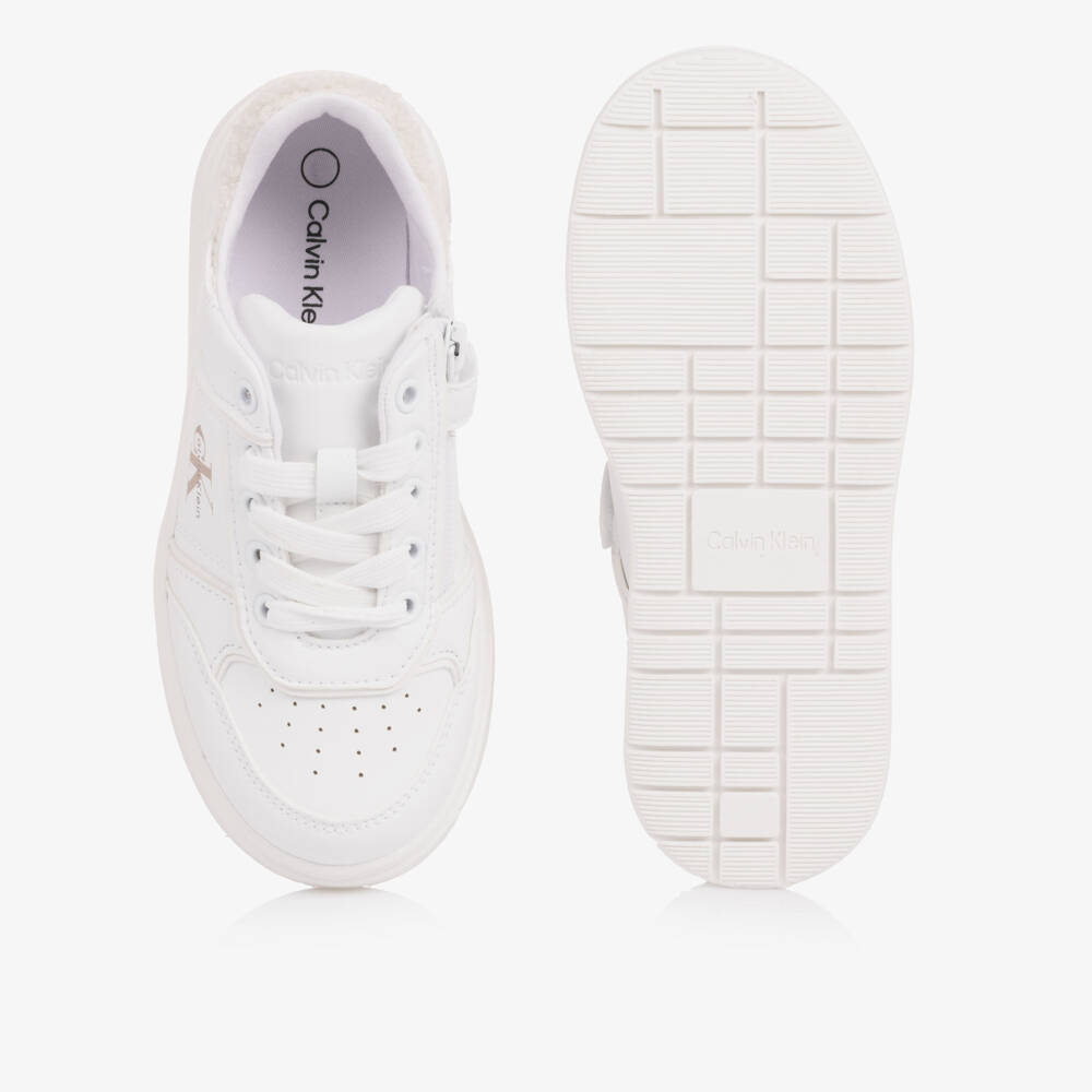 Calvin Klein-Girls White Faux Leather Trainers with Fleece Trim | Childrensalon
