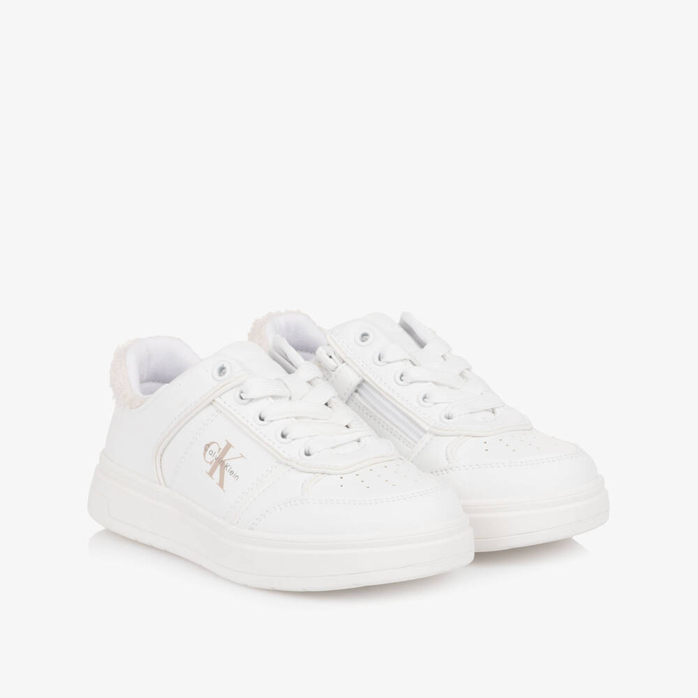 Calvin Klein-Girls White Faux Leather Trainers with Fleece Trim | Childrensalon