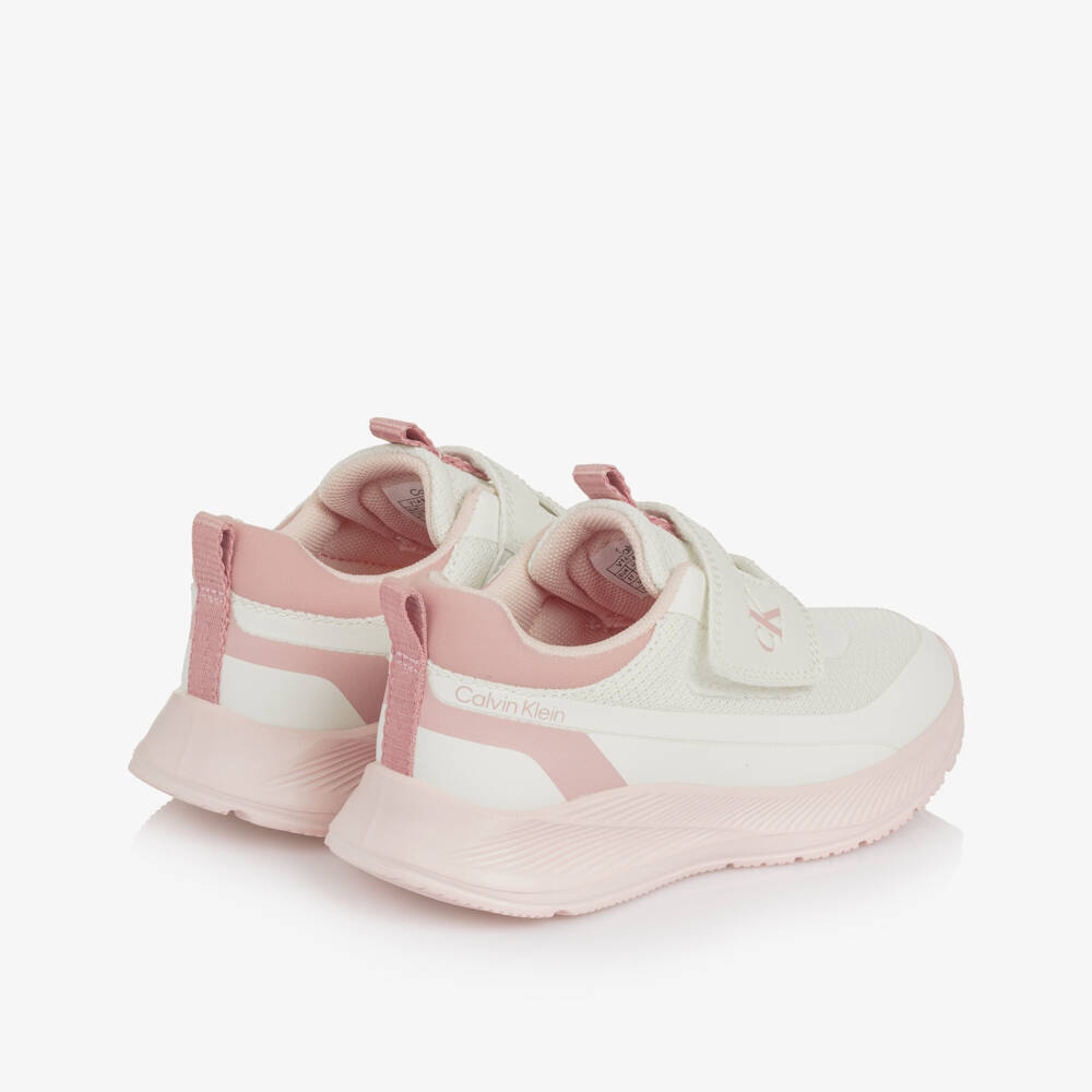 Calvin Klein-Girls White & Pink Mesh Trainers with Faux Leather Trims | Childrensalon