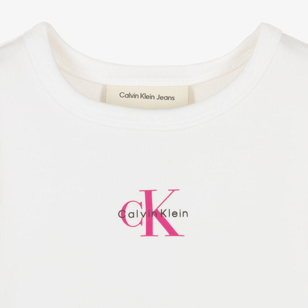 Calvin Klein-Girls White Ribbed Cotton T-Shirt with Monogram Logo | Childrensalon