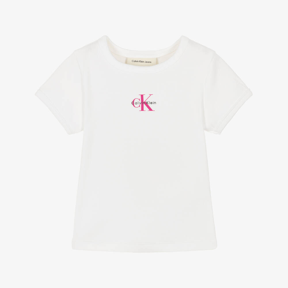 Calvin Klein-Girls White Ribbed Cotton T-Shirt with Monogram Logo | Childrensalon
