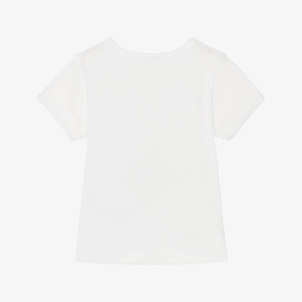 Calvin Klein-Girls White Ribbed Cotton T-Shirt with Monogram Logo | Childrensalon