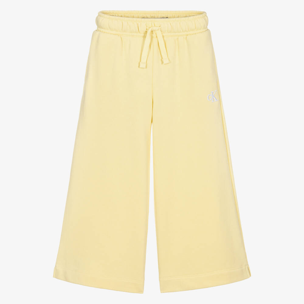 Calvin Klein-Girls Yellow Cotton Wide-Leg Joggers with Embroidered Logo | Childrensalon