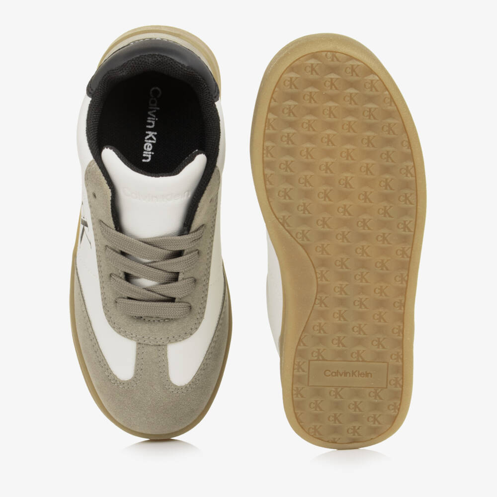 Calvin Klein-Ivory & Taupe Faux Leather Lace-Up Trainers | Childrensalon