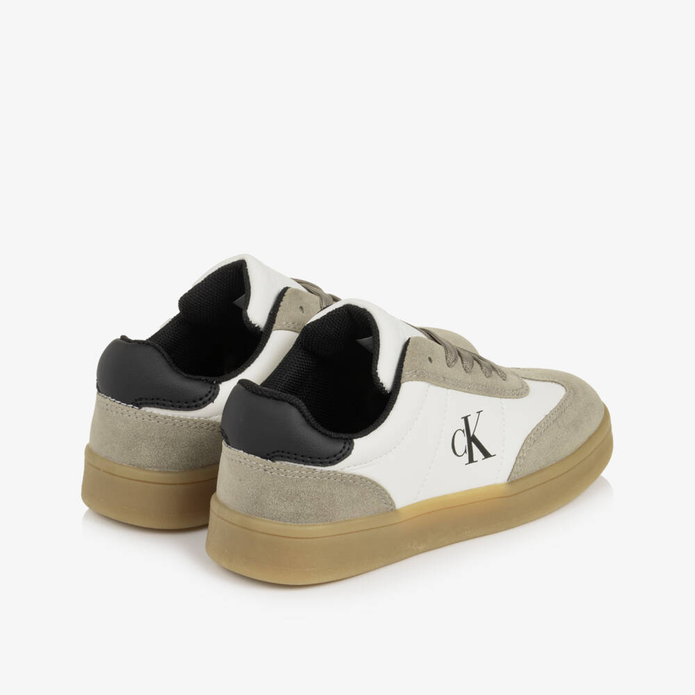 Calvin Klein-Ivory & Taupe Faux Leather Lace-Up Trainers | Childrensalon
