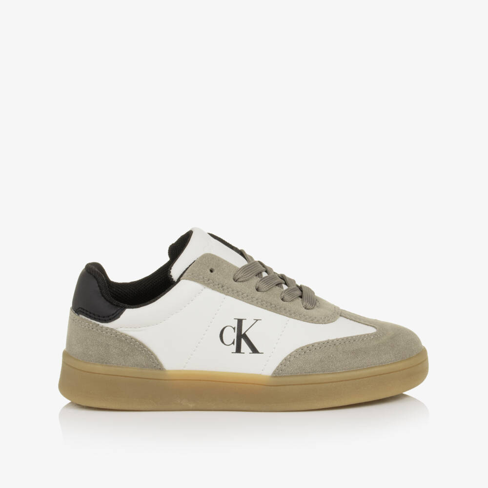 Calvin Klein-Ivory & Taupe Faux Leather Lace-Up Trainers | Childrensalon