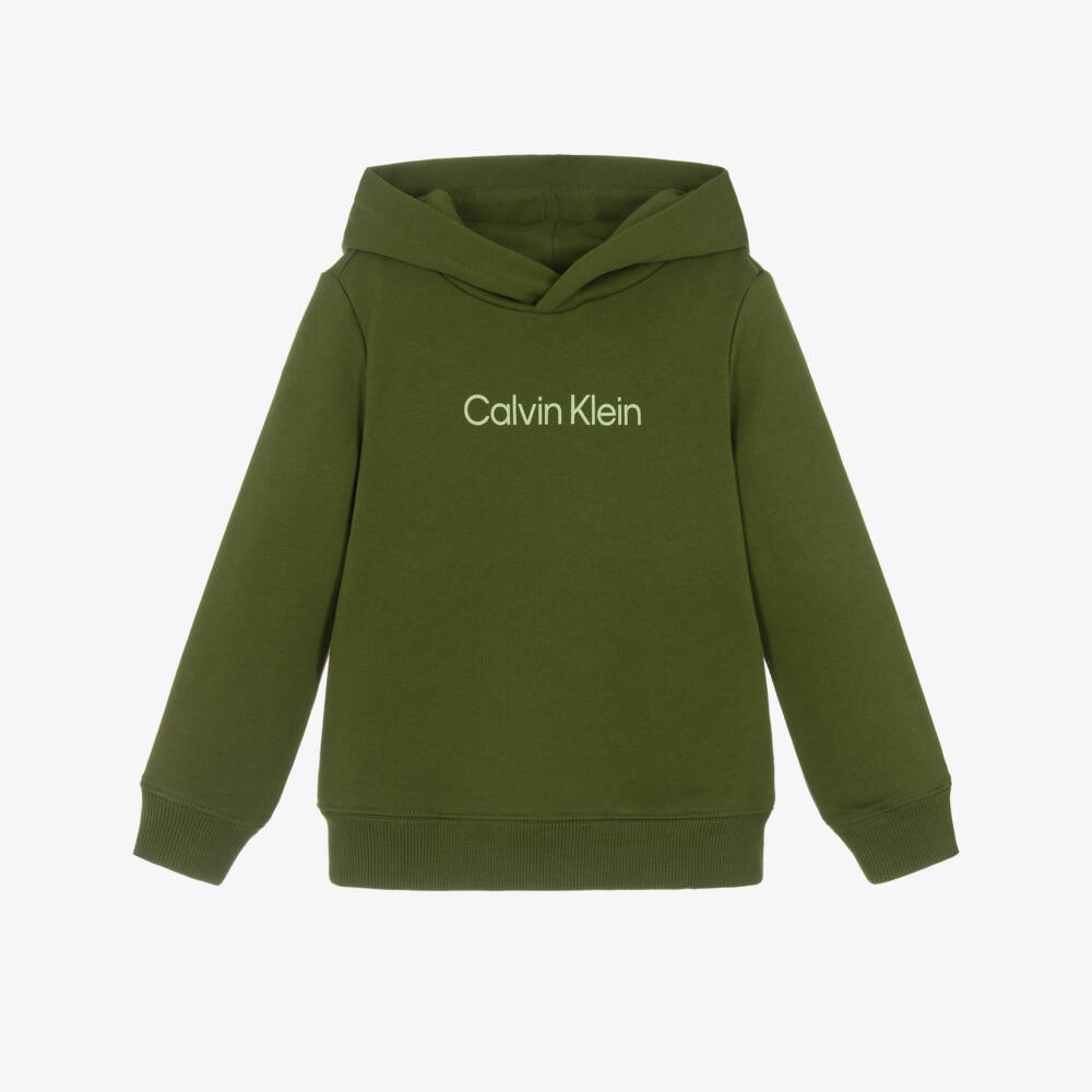 Calvin Klein-Khaki Green Cotton Hoodie with Contrast Logo | Childrensalon