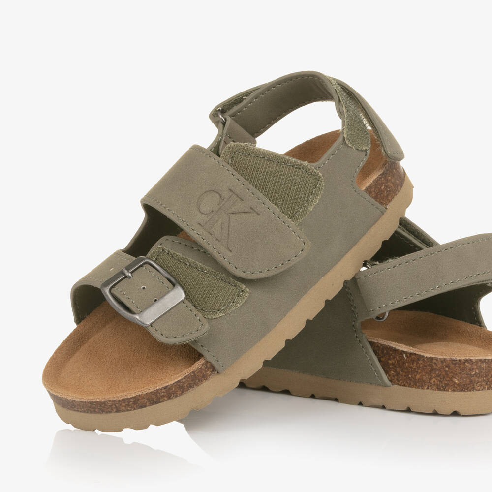 Calvin Klein-Khaki Green Faux Leather Velcro Sandals | Childrensalon