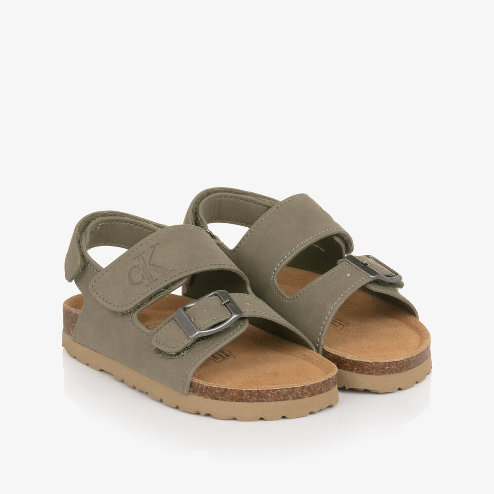 Calvin Klein-Khaki Green Faux Leather Velcro Sandals | Childrensalon