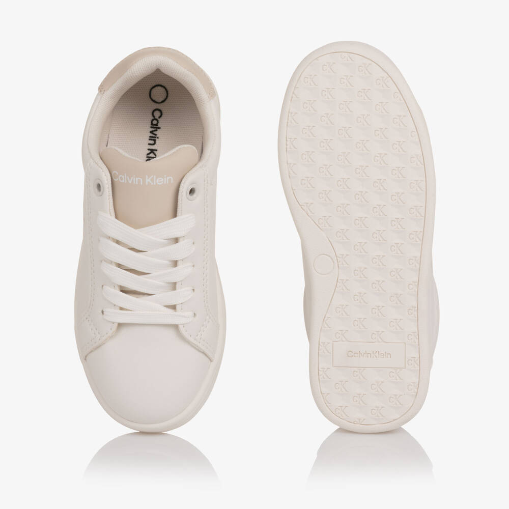Calvin Klein-Off-White Faux Leather Lace-Up Trainers with Beige Trims | Childrensalon