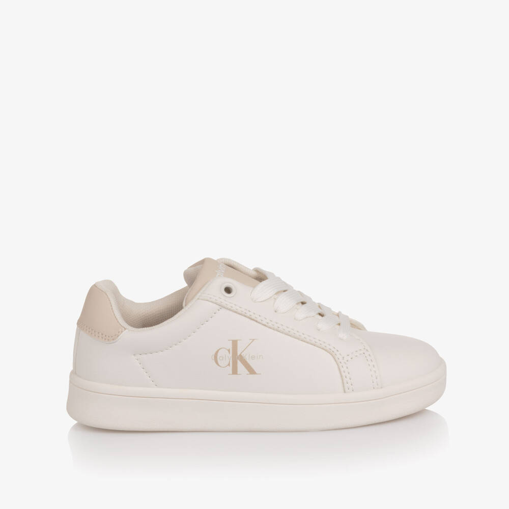 Calvin Klein-Off-White Faux Leather Lace-Up Trainers with Beige Trims | Childrensalon