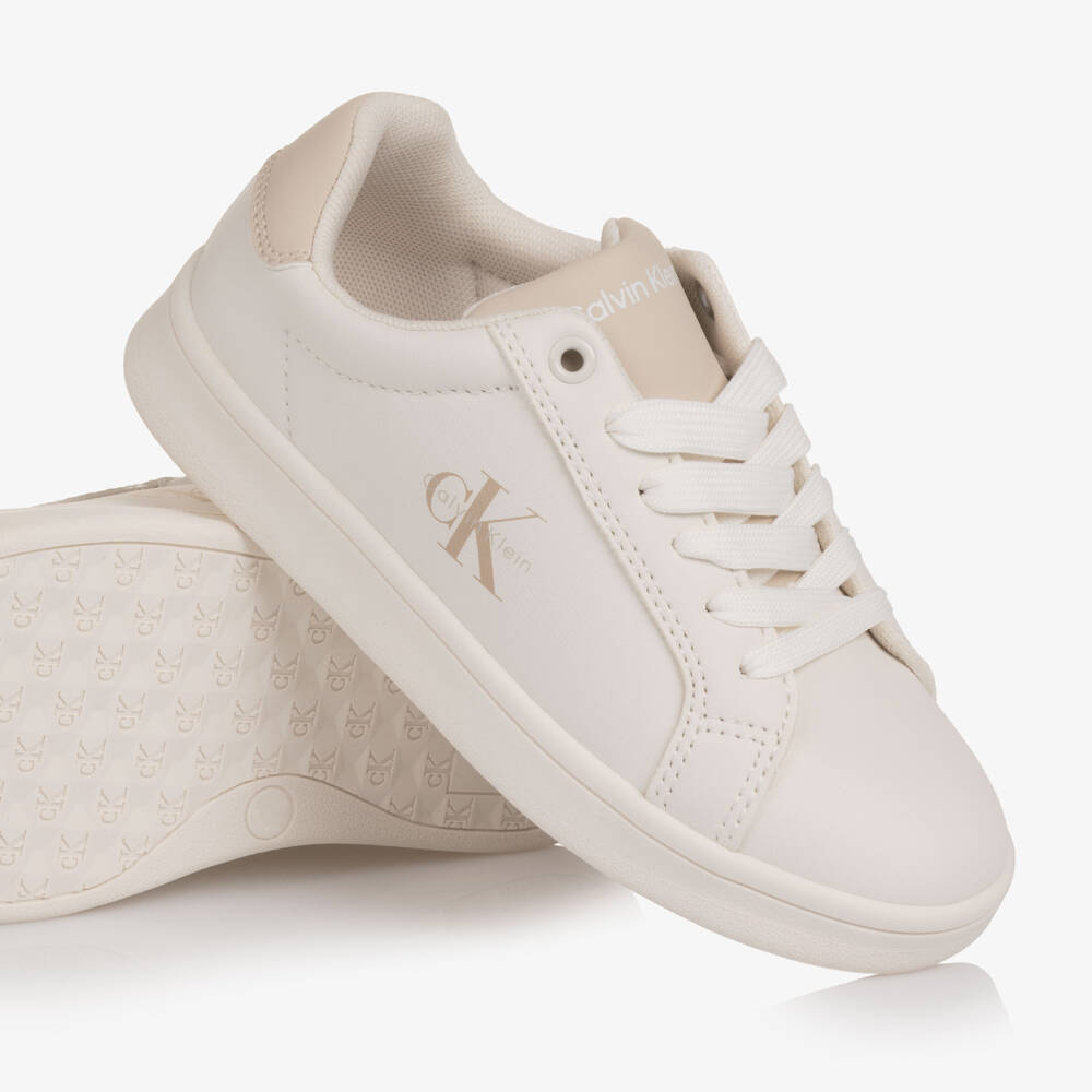 Calvin Klein-Off-White Faux Leather Lace-Up Trainers with Beige Trims | Childrensalon