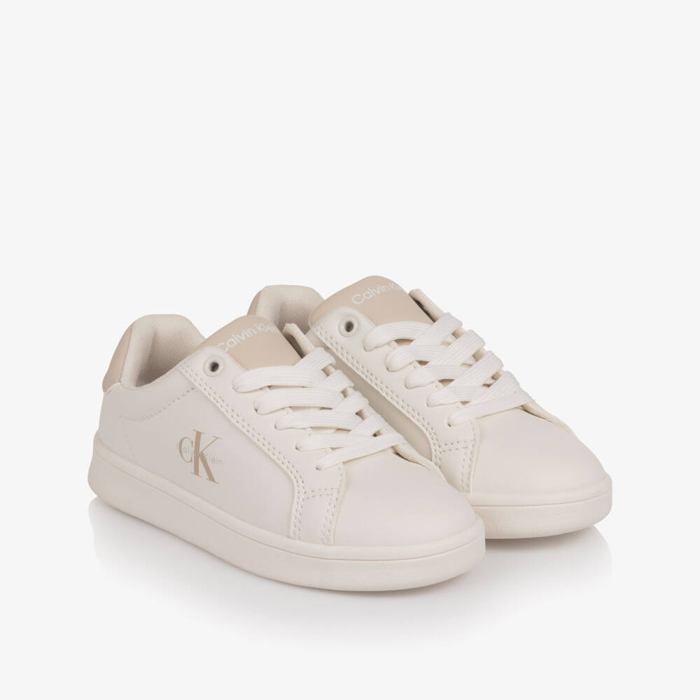 Calvin Klein-Off-White Faux Leather Lace-Up Trainers with Beige Trims | Childrensalon