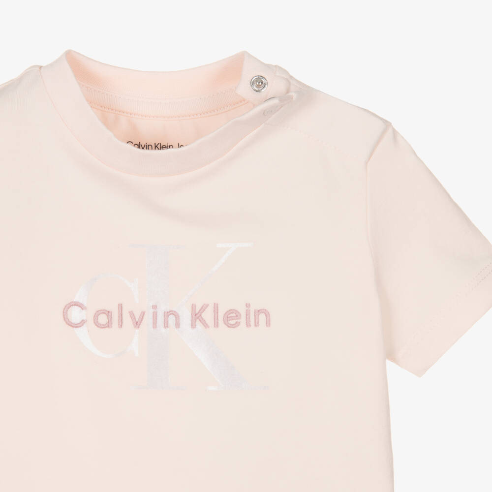 Calvin Klein-Pink CK Monogram Logo Cotton T-Shirt | Childrensalon