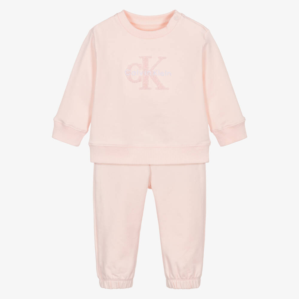 Calvin Klein-Pink Cotton Tracksuit with Bouclé Logo | Childrensalon