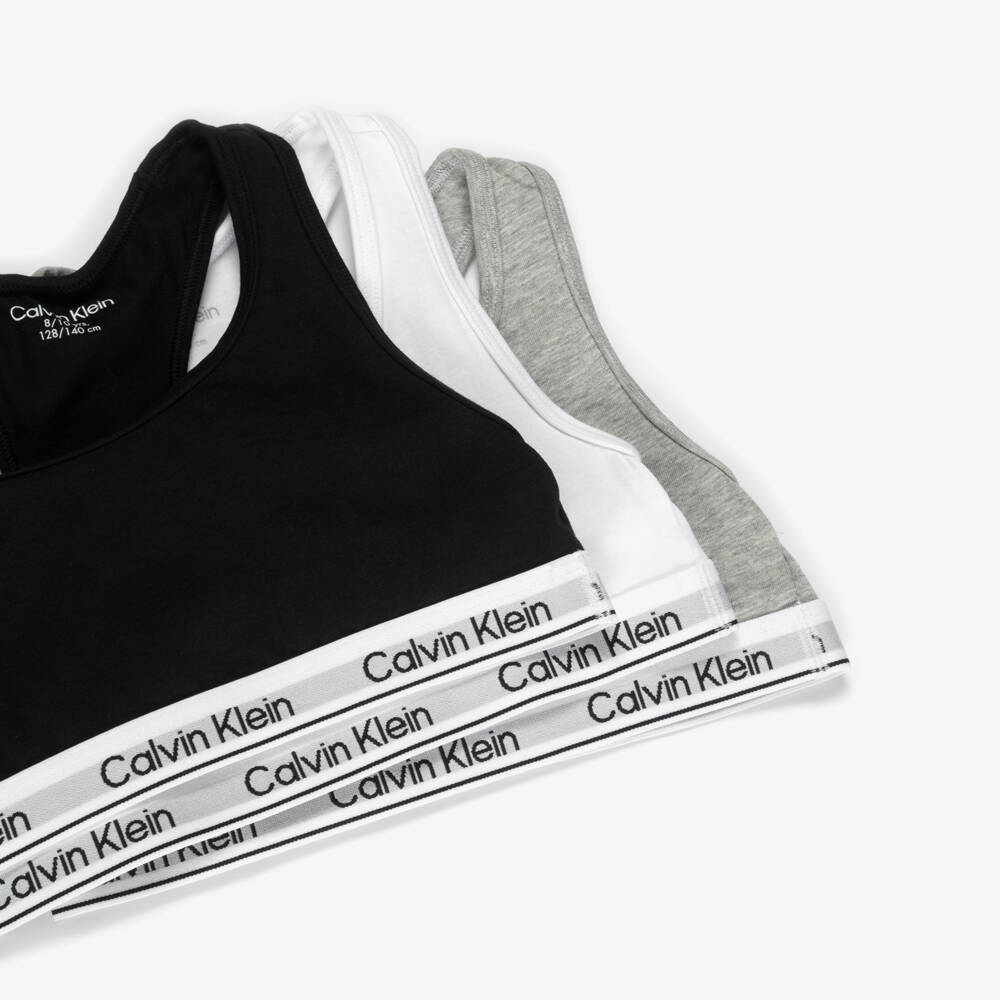 Calvin Klein-Girls White & Black Logo Cropped Tops (3 Pack) | Childrensalon