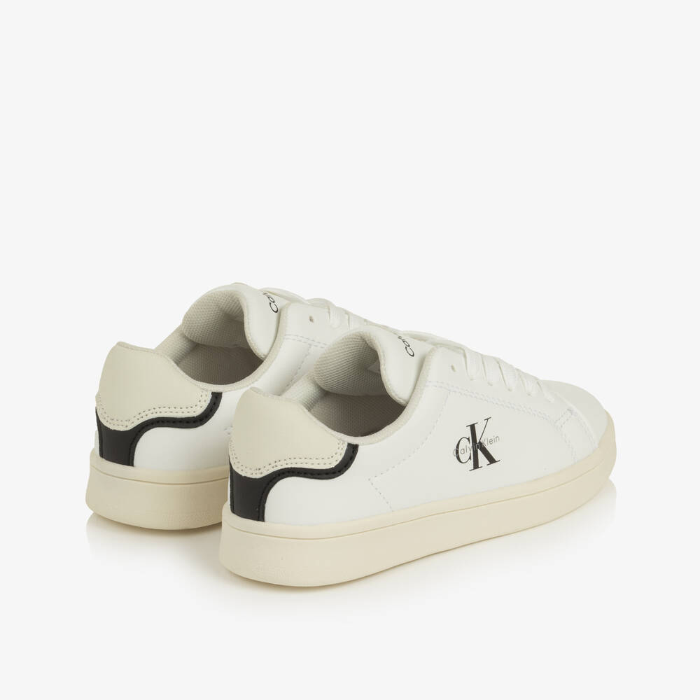 Calvin Klein-White CK Logo Lace-Up Trainers in Faux Leather | Childrensalon